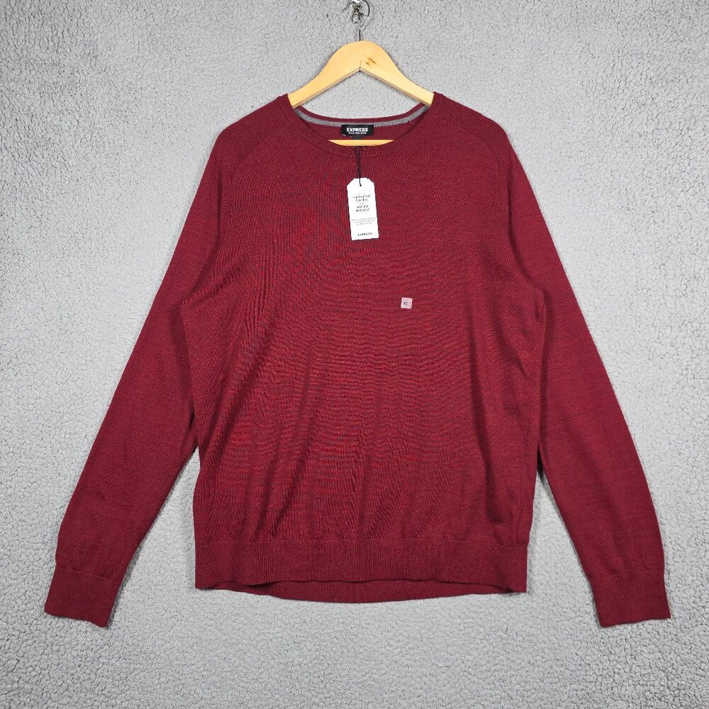 Express‎ Sweater Mens Size XL Burgundy Merino Wool Performance Crew Neck Ribbed